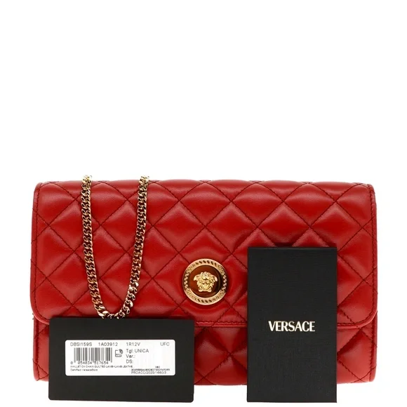 Versace Medusa Chain Crossbody Quilted Red Leather New